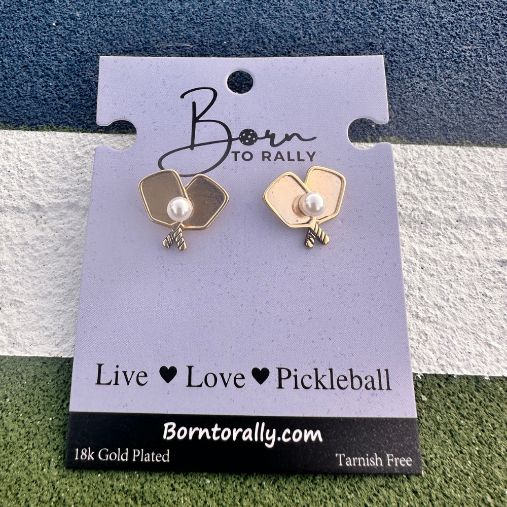 Gold and Pearl Pickleball Double Paddle Earrings