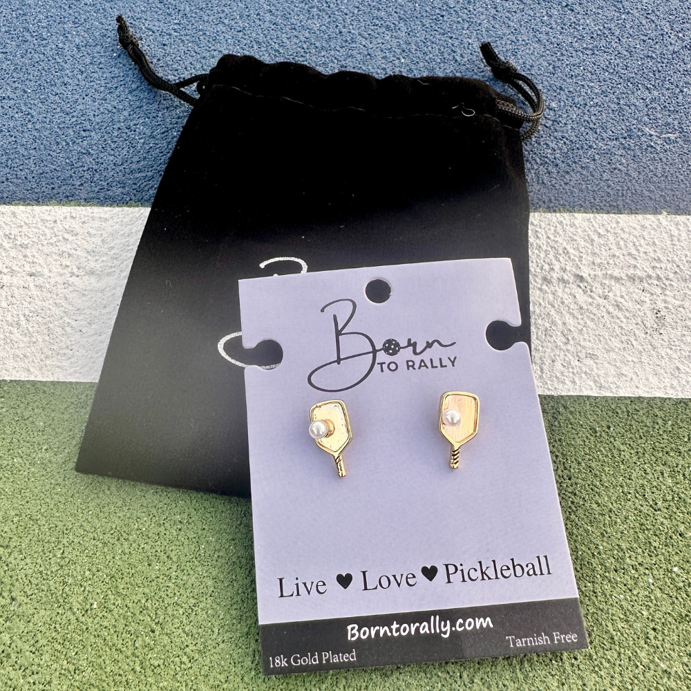 Gold and Pearl Pickleball Single Paddle Stud Earrings