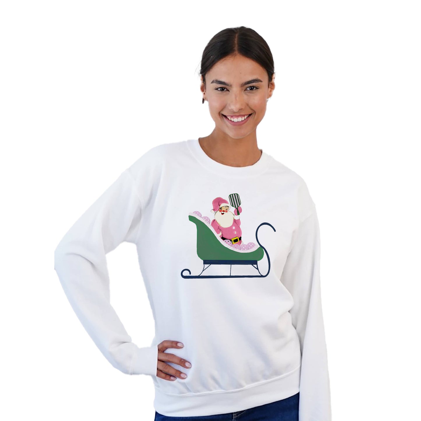 Pickleball Themed Christmas Sweatshirt with Santa on a Sleigh