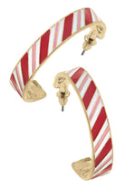 Candy Cane Lane Enamel Hoop Earrings in Red & Pink Stripes - Dink & Volley Pickleball