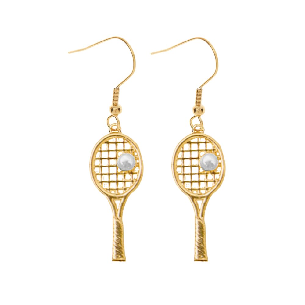 Gold and Pearl Tennis Racquet Dangle Earrings