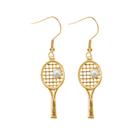 Gold and Pearl Tennis Racket Dangle Earrings - Dink & Volley Pickleball