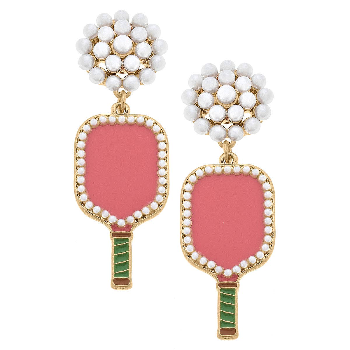 Pink Pickleball Paddle Earrings with Pearls