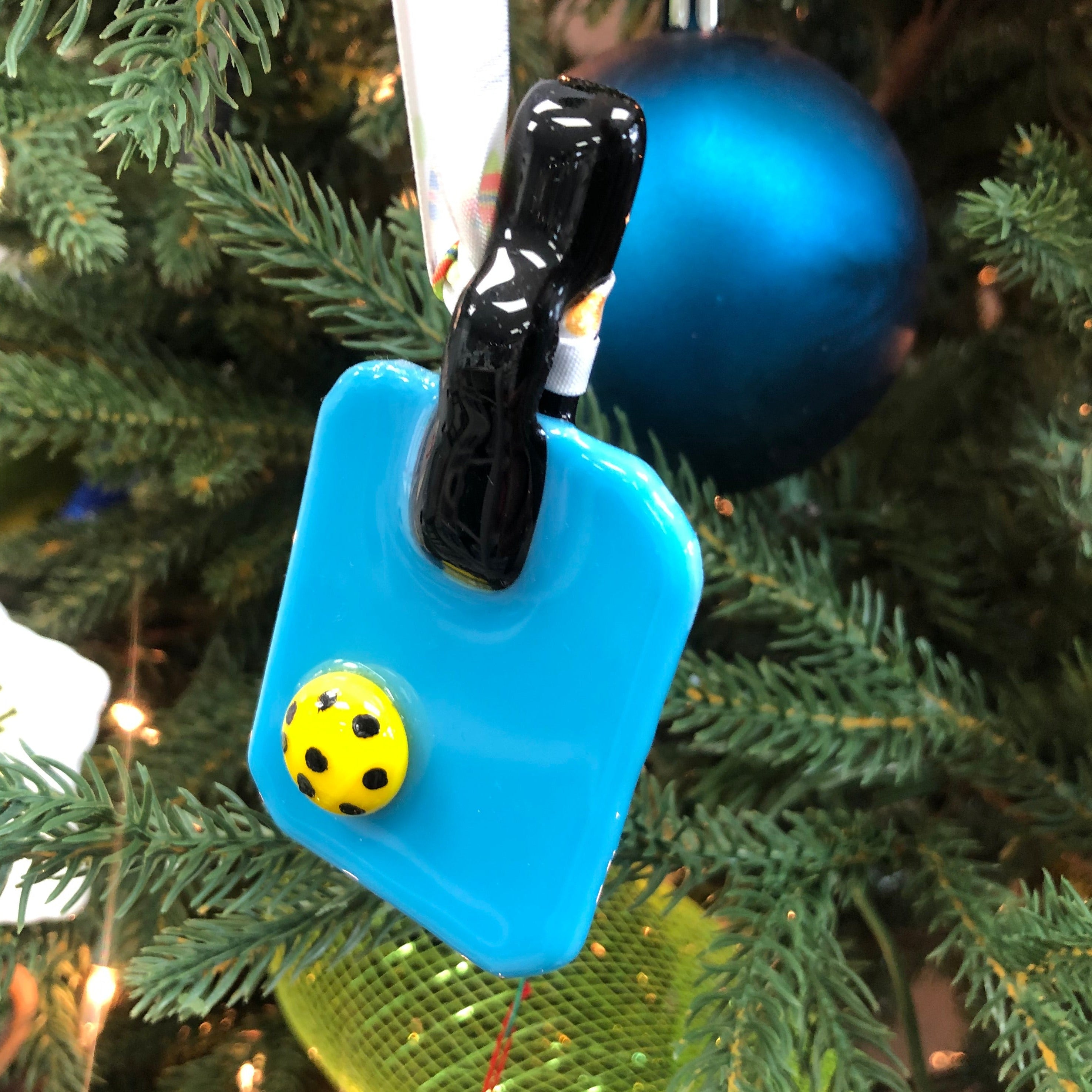 Blue Fused Glass Christmas Pickleball Paddle Ornaments