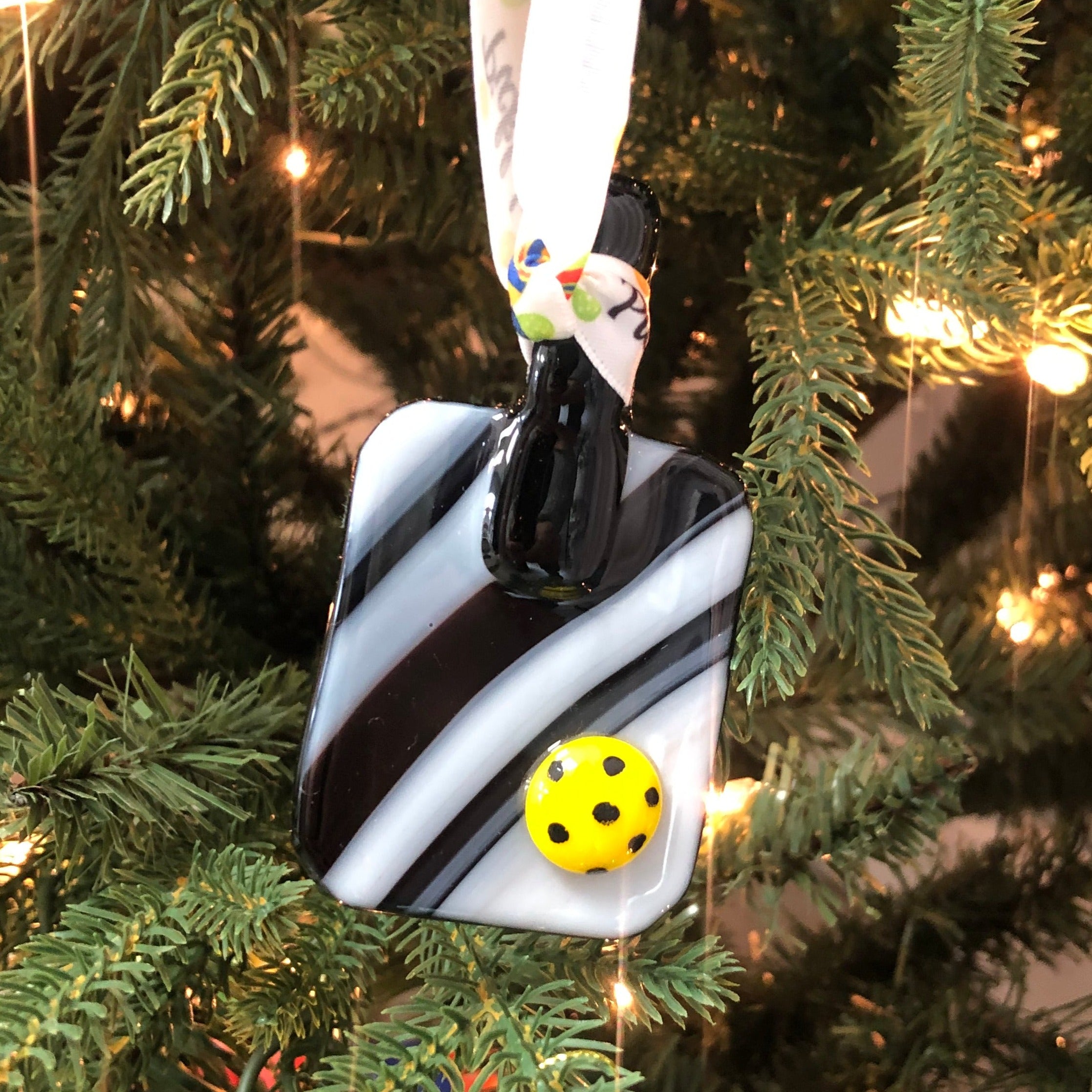 Black and White Swirled Fused Glass Christmas Pickleball Paddle Ornaments