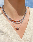 Football Silver Short Pendant Necklace in Orange Goldstone