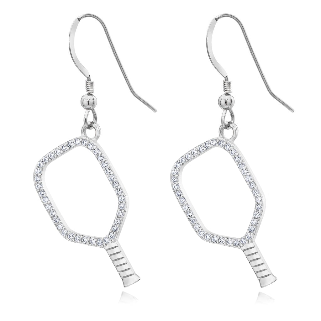Silver Pickleball Open Paddle Earrings with CZ