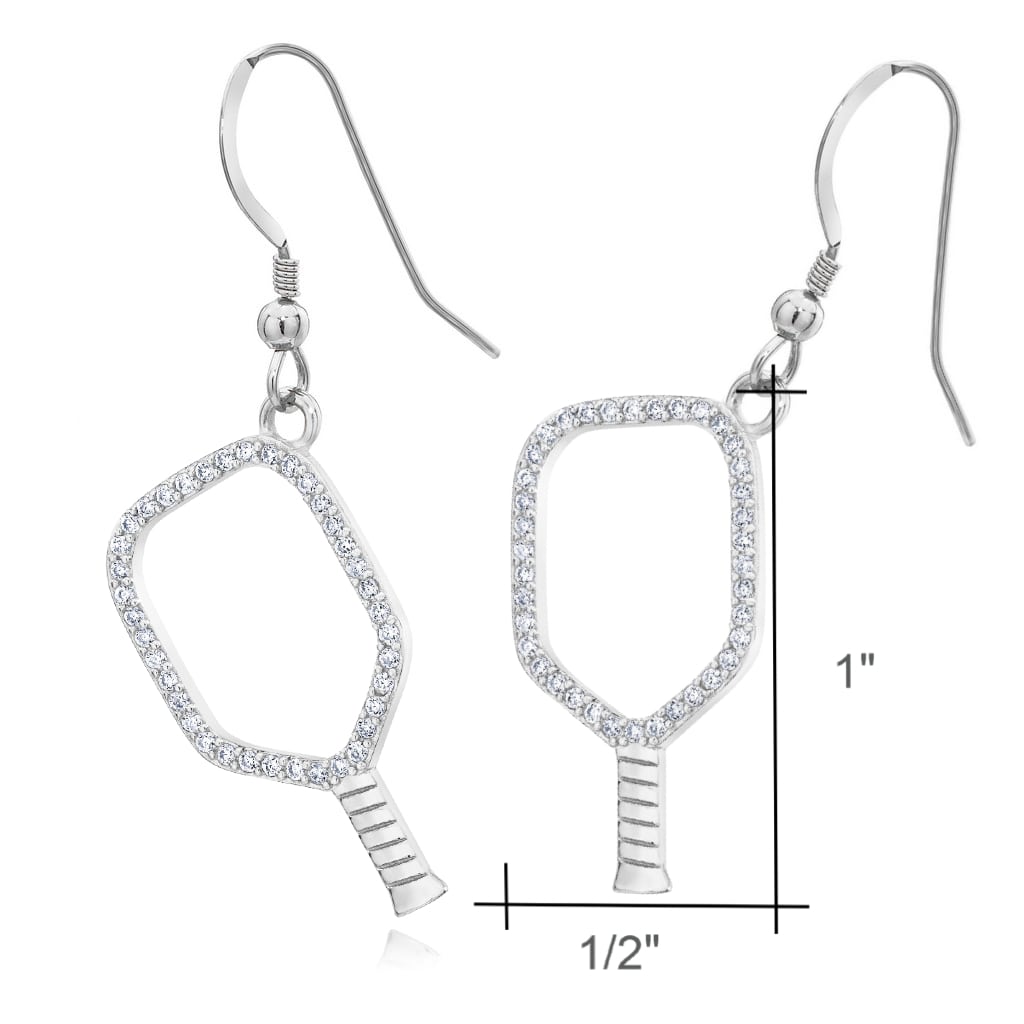 Silver Pickleball Open Paddle Earrings with CZ