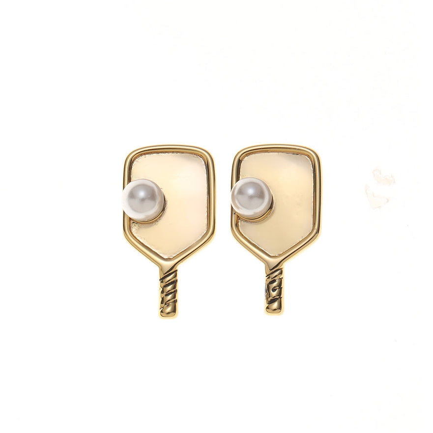 Gold and Pearl Pickleball Single Paddle Stud Earrings