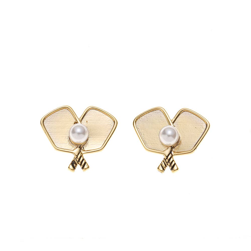 Gold and Pearl Pickleball Double Paddle Earrings