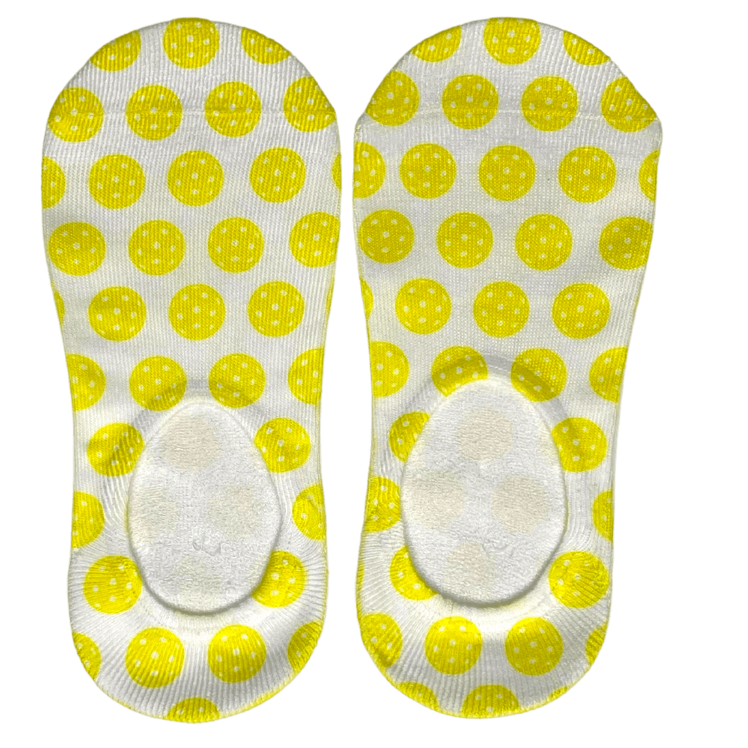 Women's no show socks covered in yellow pickleballs