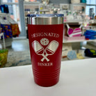 Laser engraved red tumbler with designated dinker text