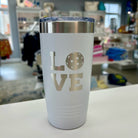 Laser engraved white tumbler with LOVE text