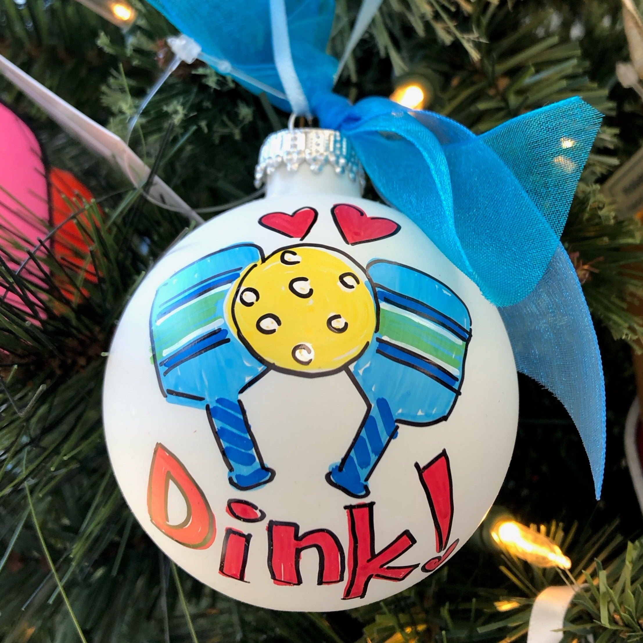 Hand Painted Glass Ornament - Dink with Paddles - Dink & Volley Pickleball