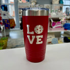 Laser engraved red tumbler with LOVE text