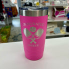 Laser engraved pink tumbler with paddles and designated dinker text