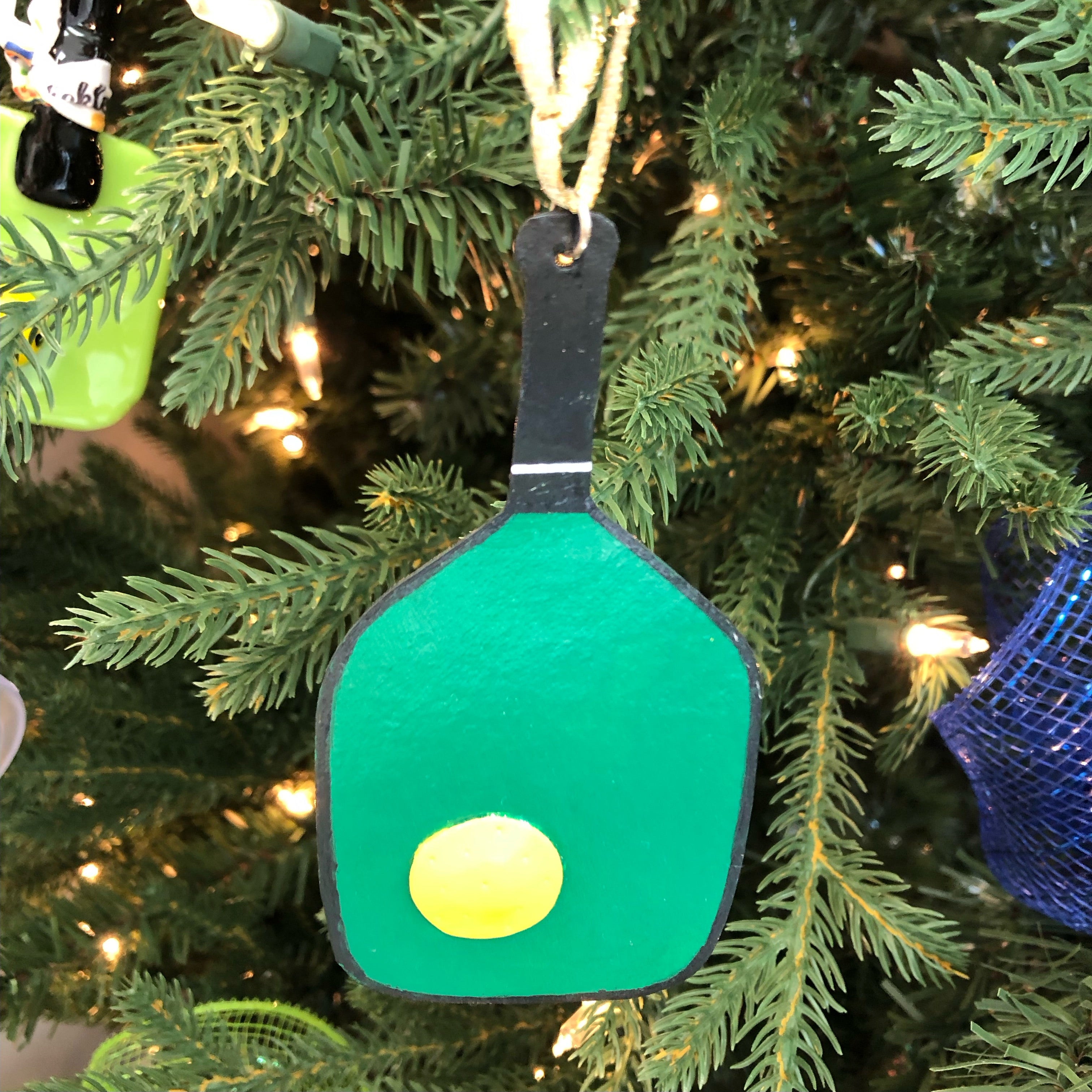 Pickleball Paddle Christmas Ornament Green Leather