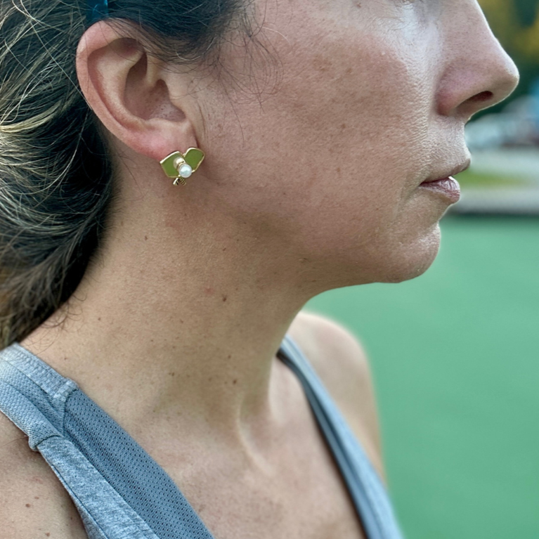 Gold and Pearl Pickleball Double Paddle Earrings