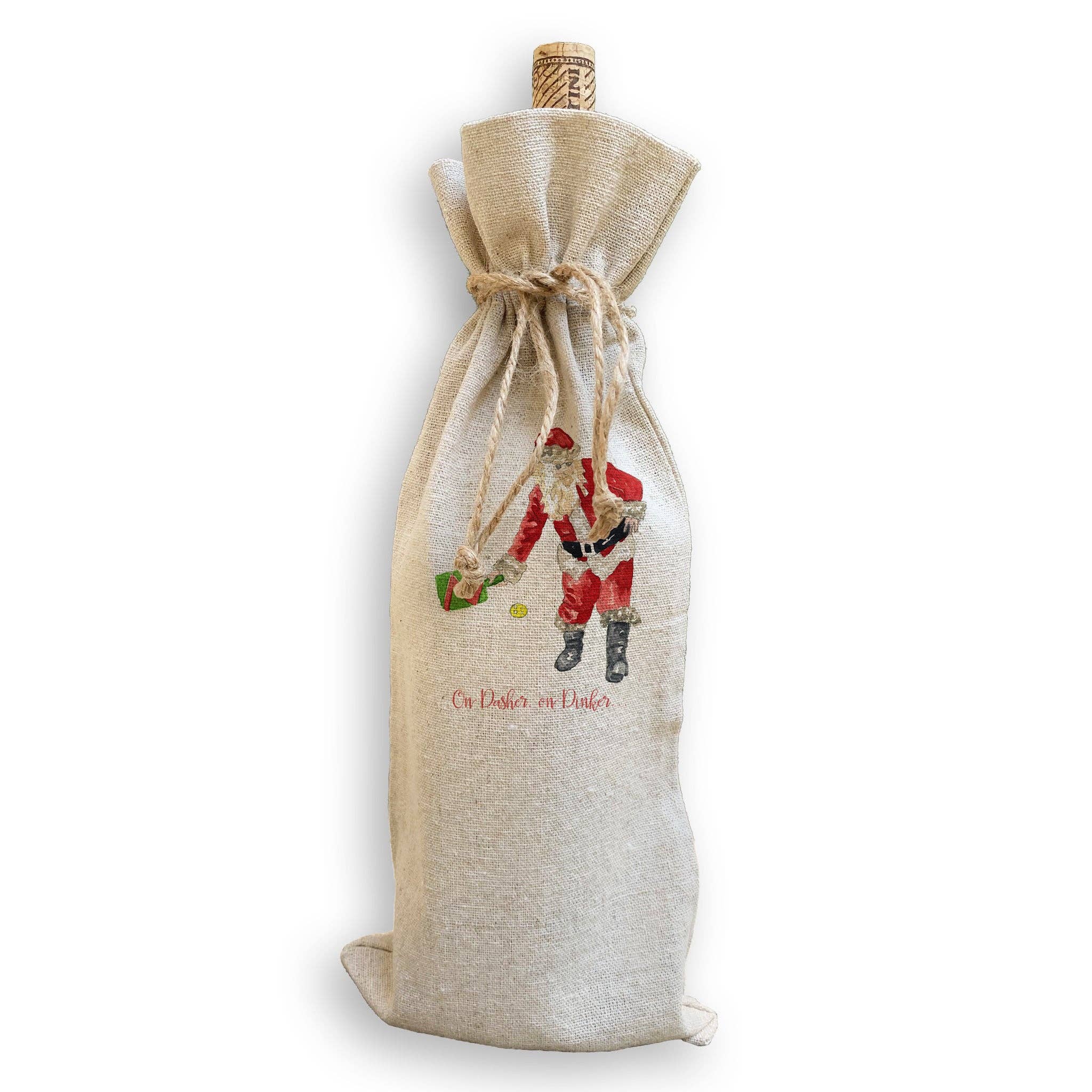 Pickleball Santa Beige Linen Wine Bag - Dink & Volley Pickleball